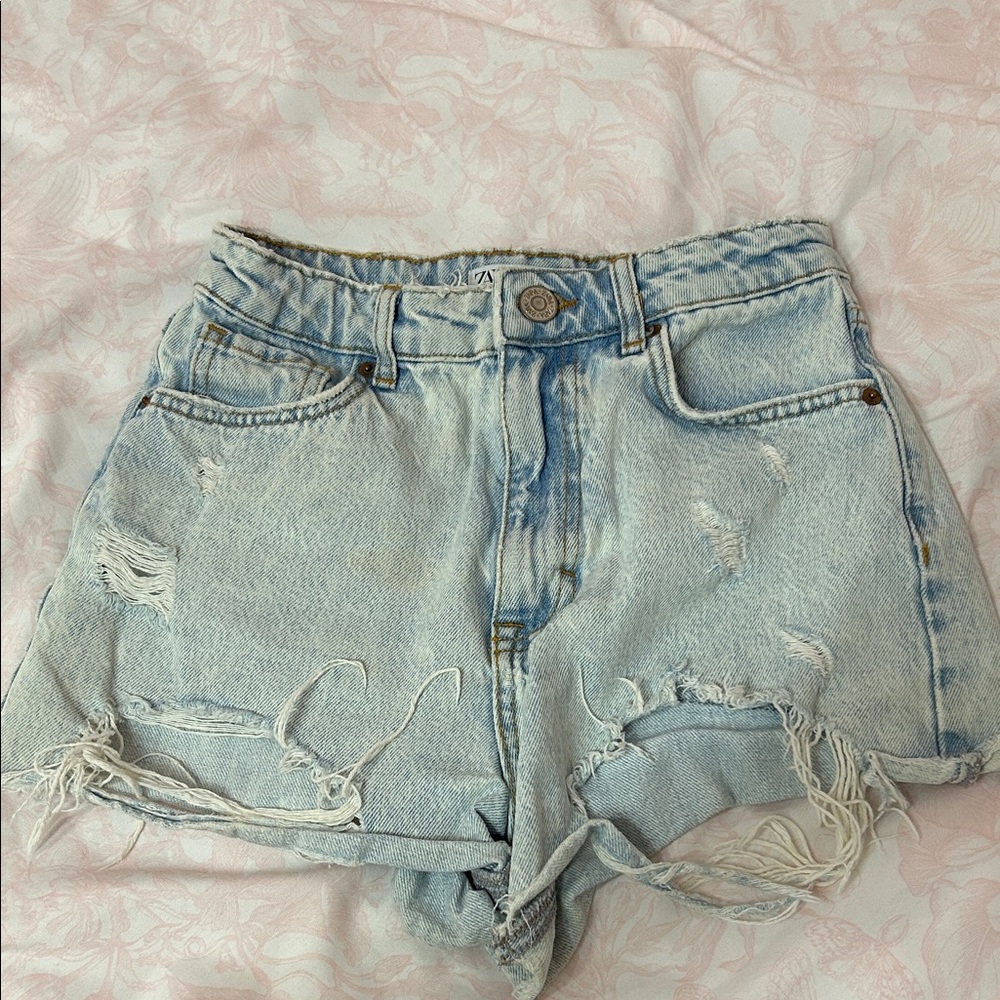 Zara Light Blue Ripped Jean Shorts